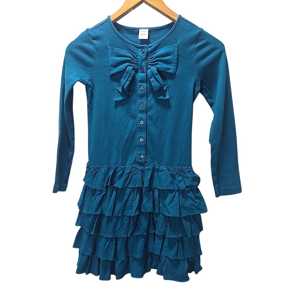 Gymboree Ruffle Tiered Dress Girls 8‎ Teal Blue Bow Long Sleeve Preppy Coquette